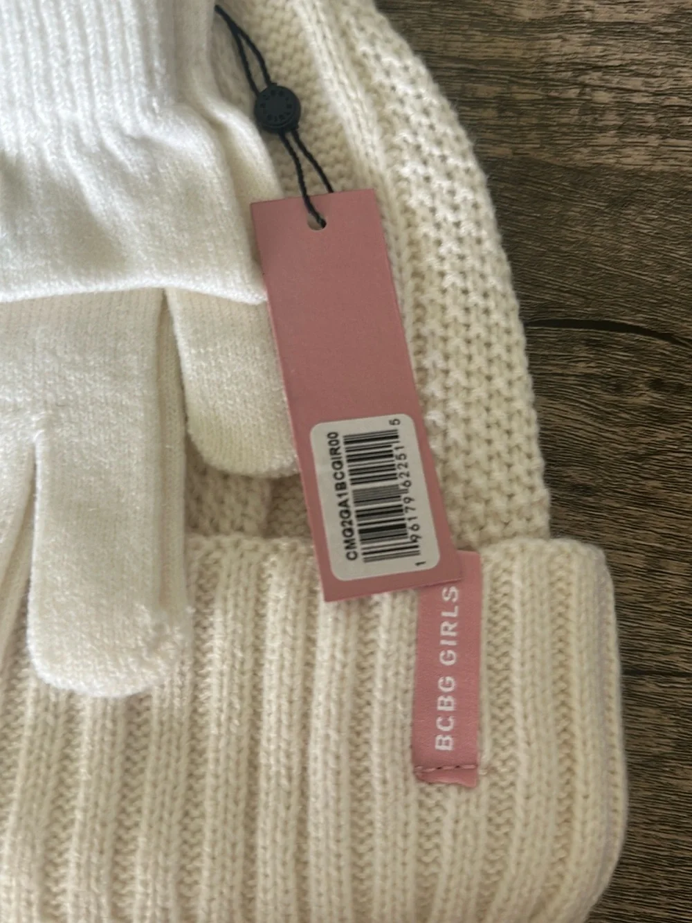 BCBG Girls Cream Knit Pom Hat with Matching Gloves Set